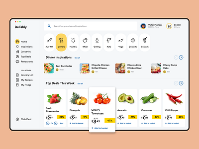Delishly Dashboard app application clean dashboard delivery food groceries grocery mac app minimal order recipes restaurant saas search ui ux web app