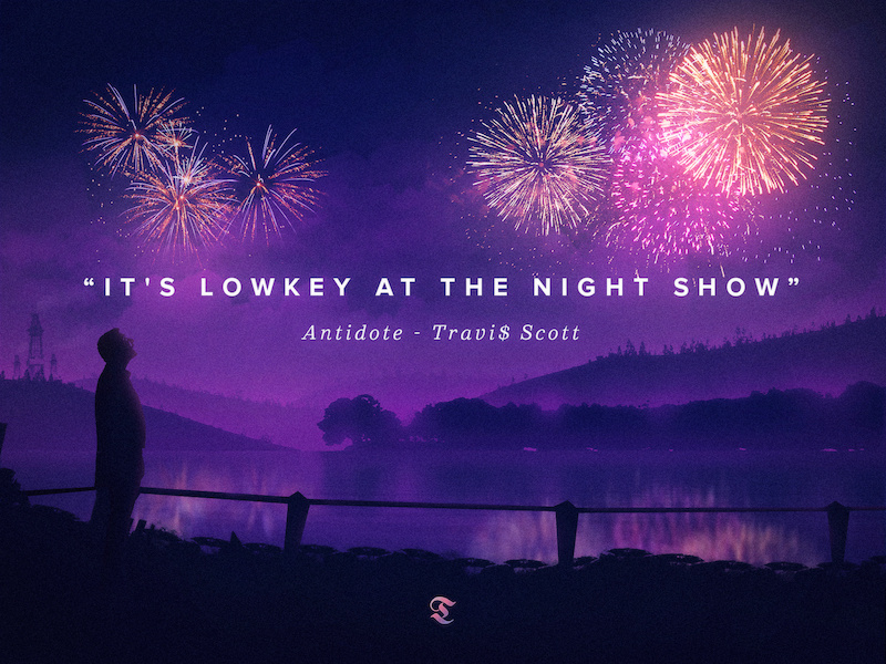a lowkey night show silhouette man illustration landscape mountains lake firework rap hiphop travis scott