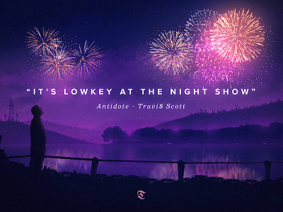 a lowkey night show firework hiphop illustration lake landscape man mountains rap silhouette travis scott