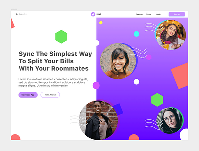 Sync bills clean colors design landing page payment app payments roommates typography ui ux website