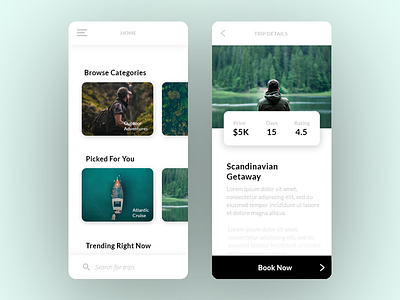 Trip Booking Mobile App UI adobe xd app concept booking clean design daily 100 challenge dailyui design holiday homepage minimalist mobile app travel trip ui ux