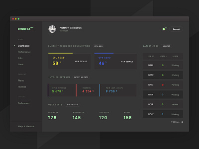 Rendera Pro dark dashboard web app