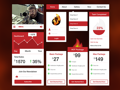 Freebie PSD: fire UI Kit dashboard drop down fire flat freebie kit login package picker psd ui video