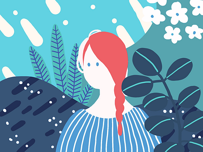 a girl with sunshine blue color colour drawing girl green illustration plants red white