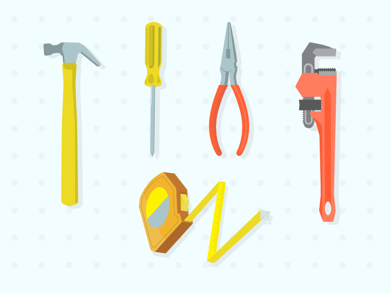 Tools measuring tape wrench pliers hammer flat illustration tools