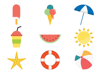 Summer icons icecream illustrator israel lifebuoy starfish summer sun vector watermelon