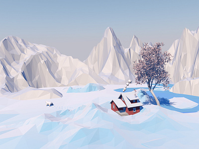 Corner of the North Pole c4d house low poly north polar bear scenery