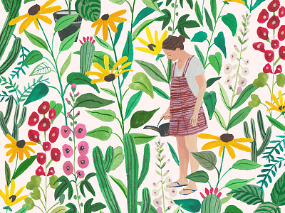 In the Garden colourful. cactus flowers garden girl hand painted summer sunflowers watercolour