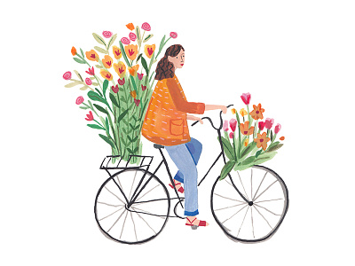 Florist bicycle flowers girls guache hand painted illustration painting summer watercolour