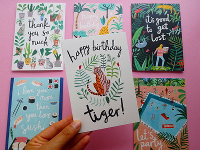 Greetings Card Range animals botanical colourful greetings cards hand painted happy birthday jungle plants pool tiger