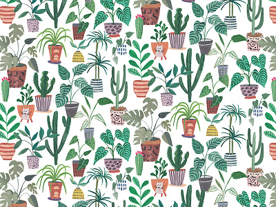 House Plants cactus cats design house plants illustration painted pattern plants print