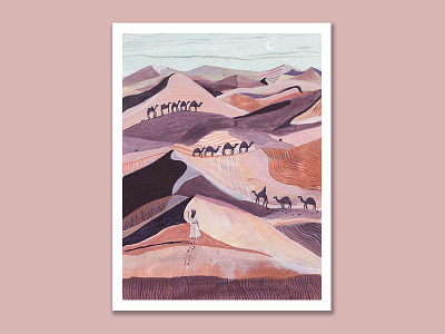 Desert camel desert girl guache hand painted illustration pink pretty sand dunes watercolour