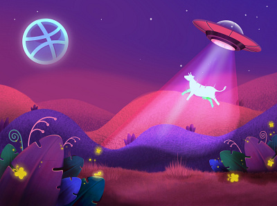 Hello Dribbble again alien cow design drawing dribbble hello dribbble illustration moon procreate