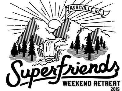 Superfriends Shirt Design asheville drawing line mountains sasquatch sun typography