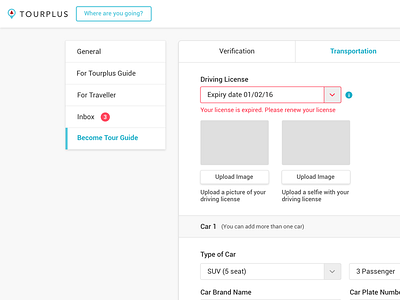 Become Tour Guide Form car form indicator tab tourplus transportation upload verification website