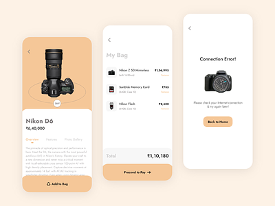 E-commerce App : Product Buying Journey camera cart dailyui ecommerce ecommerce app error error 404 mybag mycart product design product page typography ui uidaily uidesign uidesigner uidesigns uiux user inteface uxdesign