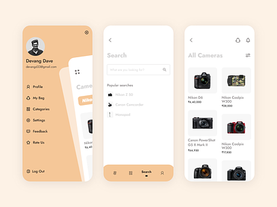 E-commerce App : Search, Products & Side Bar camera app dailyui ecommerce filter online store product design product designer products search search engine search suggestions searching side menu sidebar ui userinterface ux ux research uxdesign