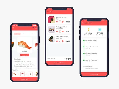 Sushi Ordering User Interface app app interface cart delivery service delivery status food app ui food delivery app my cart online food payment process product view restaurant app restaurant app ui sushi sushi food sushi restaurant app track order uplabs uplabschallenge user interface