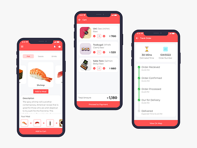 Sushi Ordering User Interface app app interface cart delivery service delivery status food app ui food delivery app my cart online food payment process product view restaurant app restaurant app ui sushi sushi food sushi restaurant app track order uplabs uplabschallenge user interface