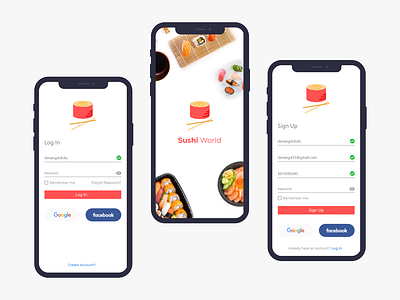 Sushi App Welcome, Log In & Sign Up Screen app ui food app food app ui landing screen login login design login form login page login screen restaurant app sign in signup signup page signupform sushi app sushi dish uplabs user interface design userinterface welcome screen