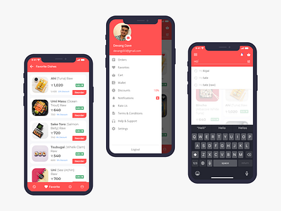 Favorite Dishes, Navigation & Search Screen of Sushi App app design dribbble best shot favorite favorites keyboard navbar navigation navigation bar product list product listing search search bar search results typography ui uidesign uiux user inteface ux