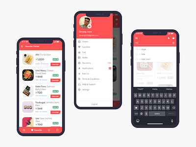 Favorite Dishes, Navigation & Search Screen of Sushi App