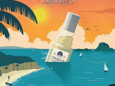 Hierbas de Ibiza ad design ibiza illustration landscape palm perfume poster sailboat spain trees vintage