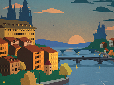 Vintage Prague Poster bridges cityscape czech design europe illustration poster prague republic river vintage