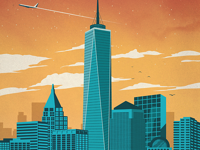 Vintage New York Print design freedom tower illustration manhattan new york city nyc poster skyline
