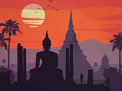 Vintage Thailand Poster buddha design illustration palm trees poster sunset thailand travel