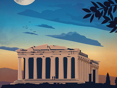Vintage Athens Poster acropolis athens design greece illustration moon parthenon poster travel