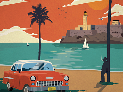 Vintage Havana Poster beach car cuba design havana illustration morro castle poster travel