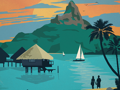 Vintage Bora Bora Poster beach bora bora design hut illustration polynesia poster sailboat travel vacation vector