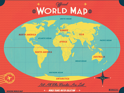 Modern World Map compass design globe illustration map modern retro seal type