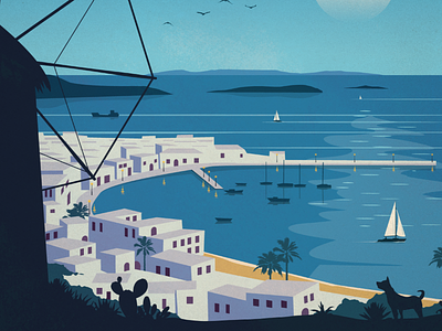 Vintage Mykonos Poster design greece illustration mykonos sailboat travel vector windmills