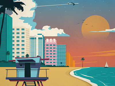 Miami Beach Poster buildings design illustration miami miami beach plane shore travel vector