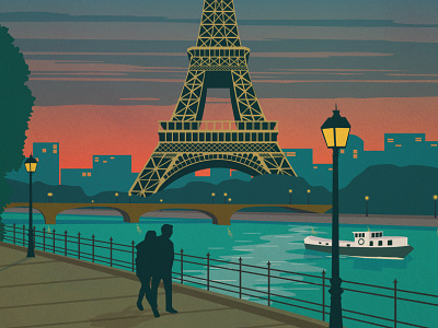 Vintage Paris Moonlight Poster design eiffel tower france illustration landmark paris poster river seine vector