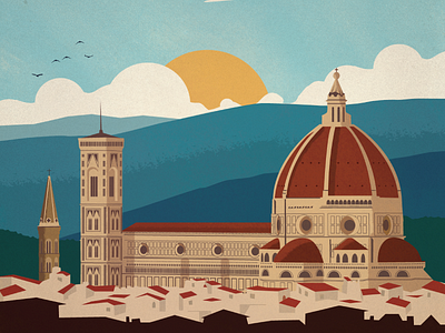 Vintage Florence Poster art church dome florence illustration italy mountains poster sun vintage