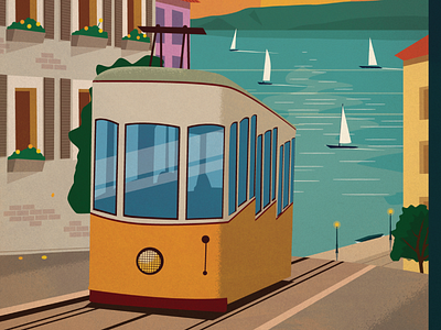 Vintage Lisbon Poster art illustration lisbon ocean portugal poster sailboats trolly vintage