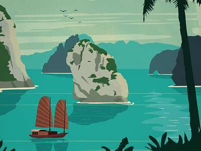 Vintage Vietnam Poster design halong bay illustration landmarks poster sailboat vector vietnam