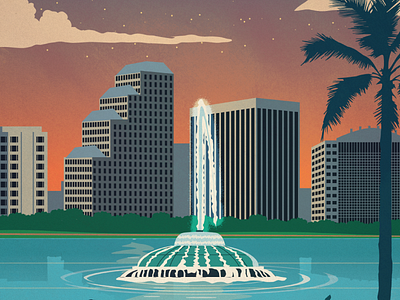Vintage Orlando Poster design fountain illustration lake lake eola orlando poster vector