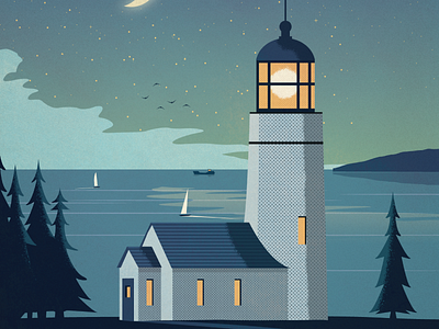 Lighthouse cabin design illustration landscape lighthouse moon nature sailboats sky stars trees vintage
