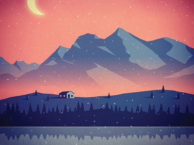 Christmas Cabin cabin christmas design forest illustration lake landscape moon mountains vintage