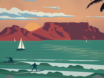 Cape Town Poster beach cape town clouds design illustration landscape poster sailboats south africa surf surfers table mountain