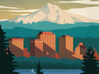 Portland Travel Poster city design downtown illustration landscape mount hood nature oregan portland poster river