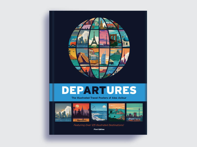 Departures ArtBook graphic design globe destinations landmarks travel posters vector art illustration book
