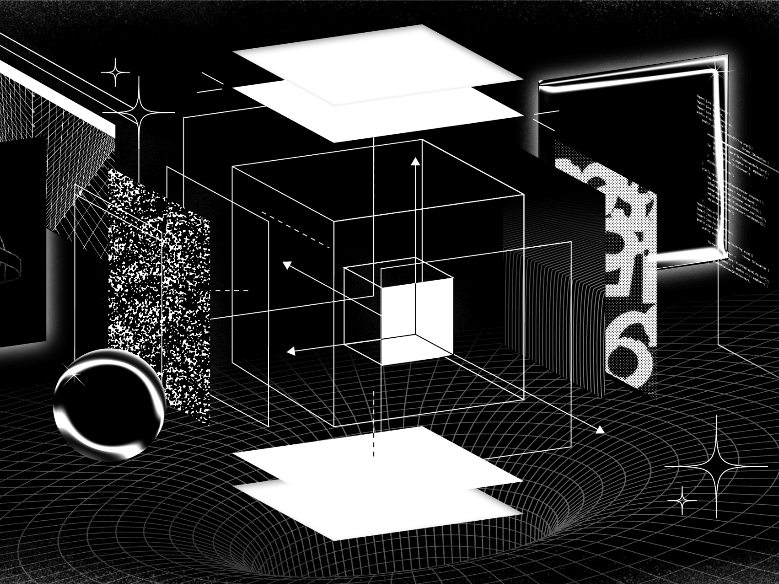 A Futuristic Evolution 2d 3d analaog black composition design experimentation future futuristic grid illustration meta metaverse play print vector white