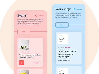 Events & Workshops app branding colorful content design mobile mobile ui ui ux website
