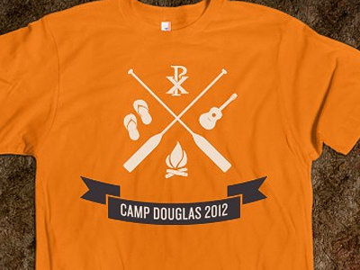 Summer Camp t-shirt banner campfire fire guitar icons orange shirt summer camp oars icons sandals t shirt