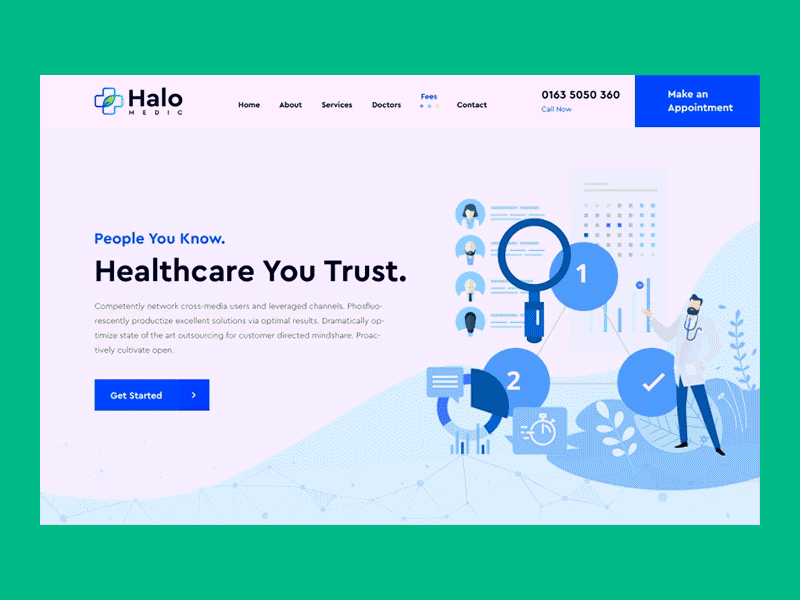 Halo Medical home page design concept UX UI about animation appointment clean cta doctor home page hospital logo map medical morden nurse patient photoshop simple testimonial ui ux web design